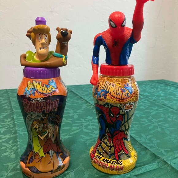 Other - RARE VTG Cartoon Belly Washers Scooby Doo Shaggy Spiderman Bottles & Toppers Set